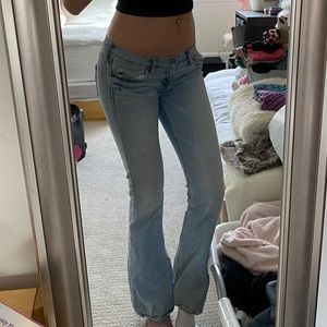 Low waisted bootcut jeans.